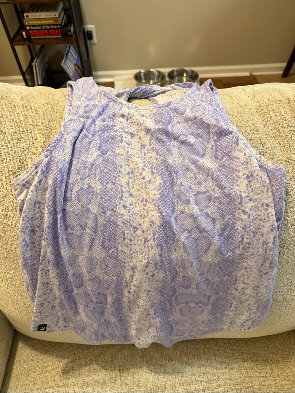 Purple and white snake print athletic tank top with open back 
Size M
